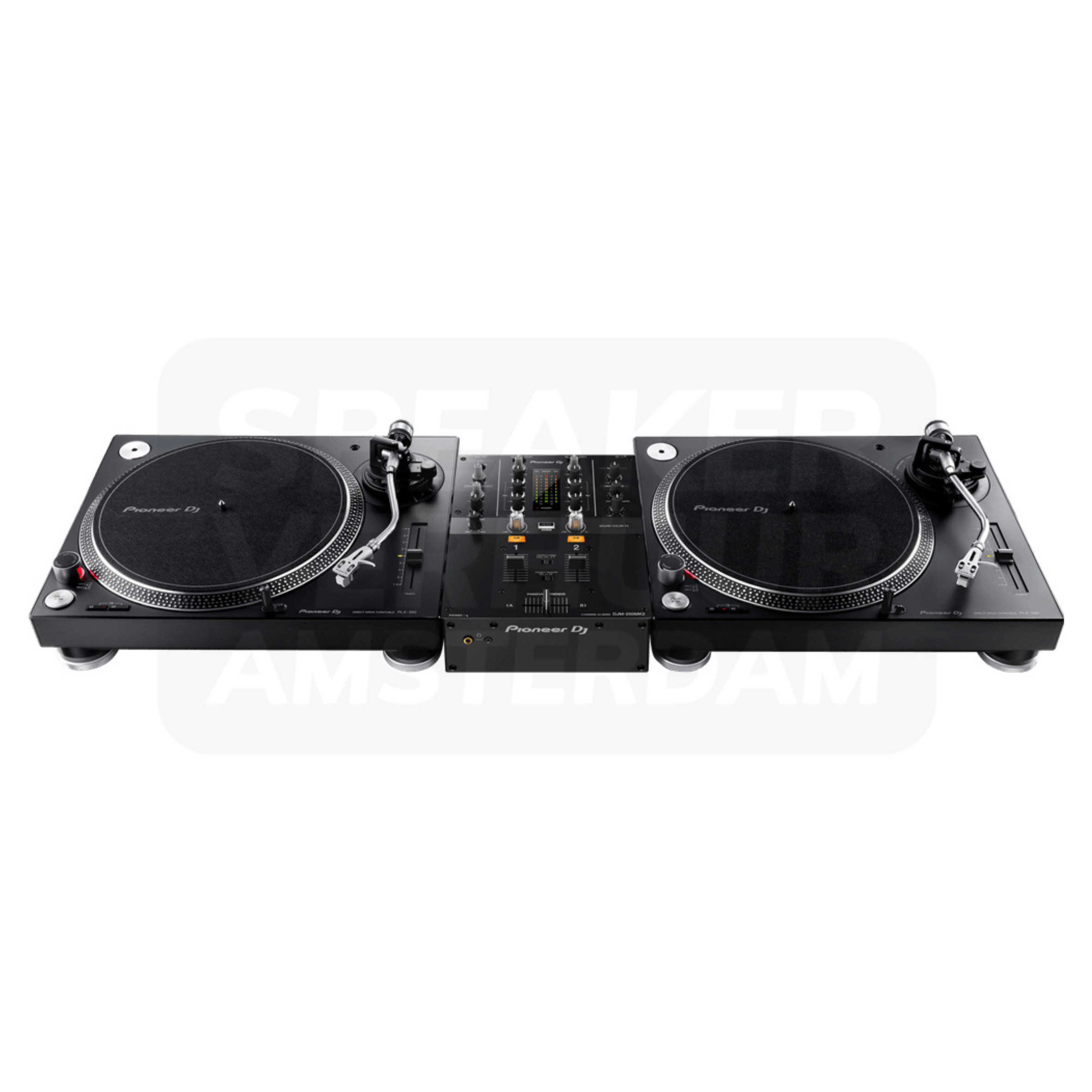 Twee Pioneer DJ PLX-500 vinyl draaitafels met DJM-250MK2 mixer