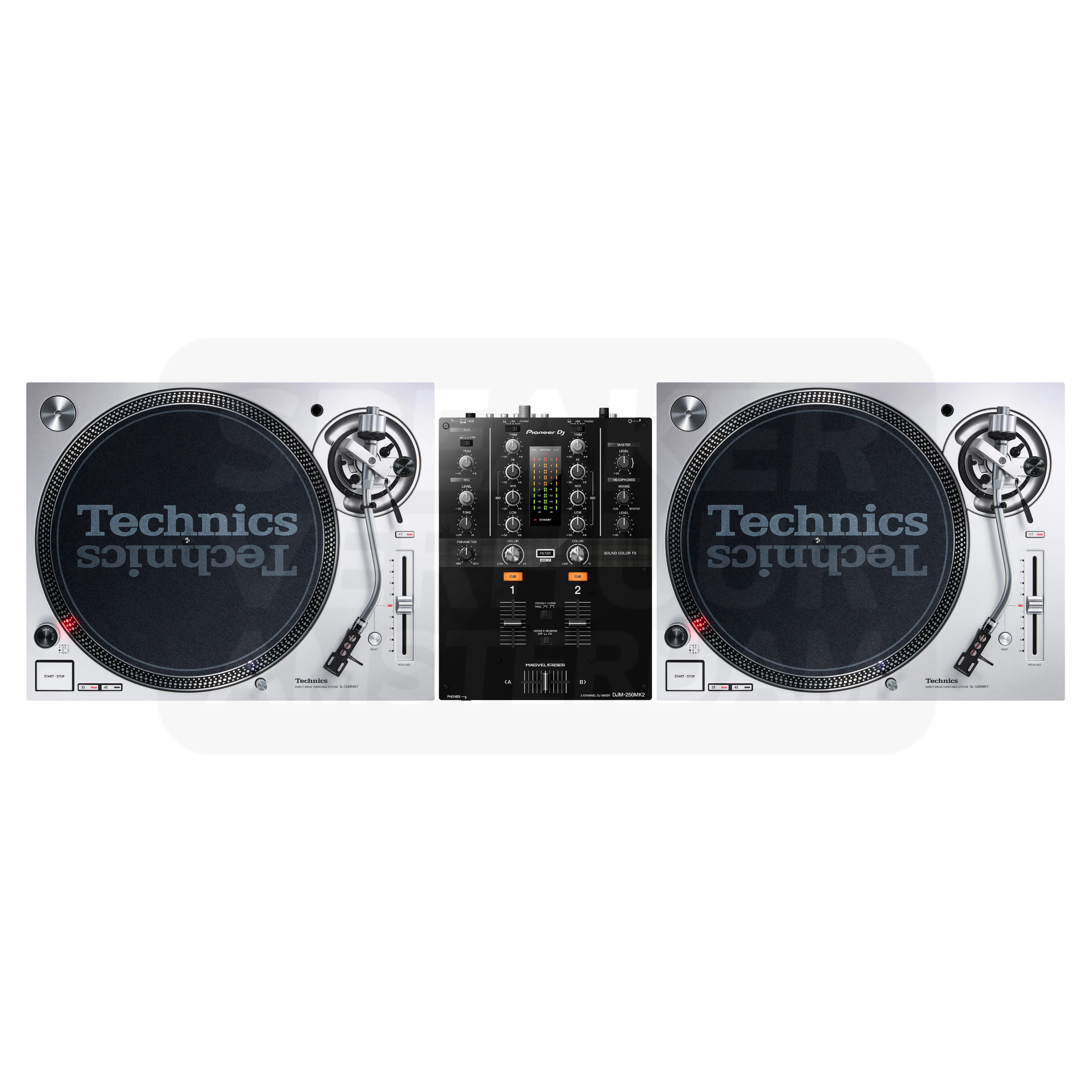 Twee Technics SL-1200MK7 draaitafels met Pioneer DJ mixer huren